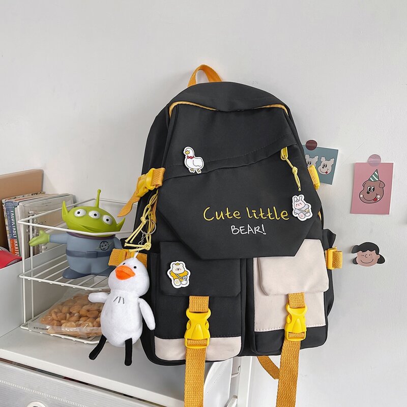 

Colorblock Letter Graphic Backpack With Cartoon Charm, Black