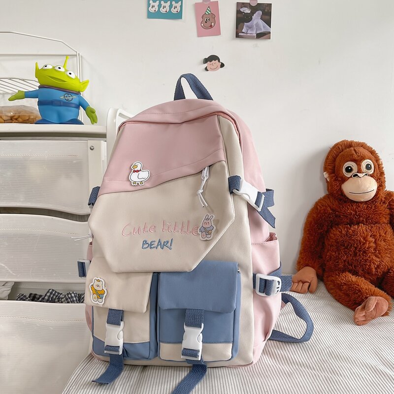 

Letter Graphic Backpack With Cartoon Charm & Badge, Pink