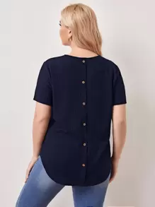 SHEIN LUNE Áo thun Plus size Nút Gân đan màu trơn Giải trí - Màu xanh hải quân - Xem 1