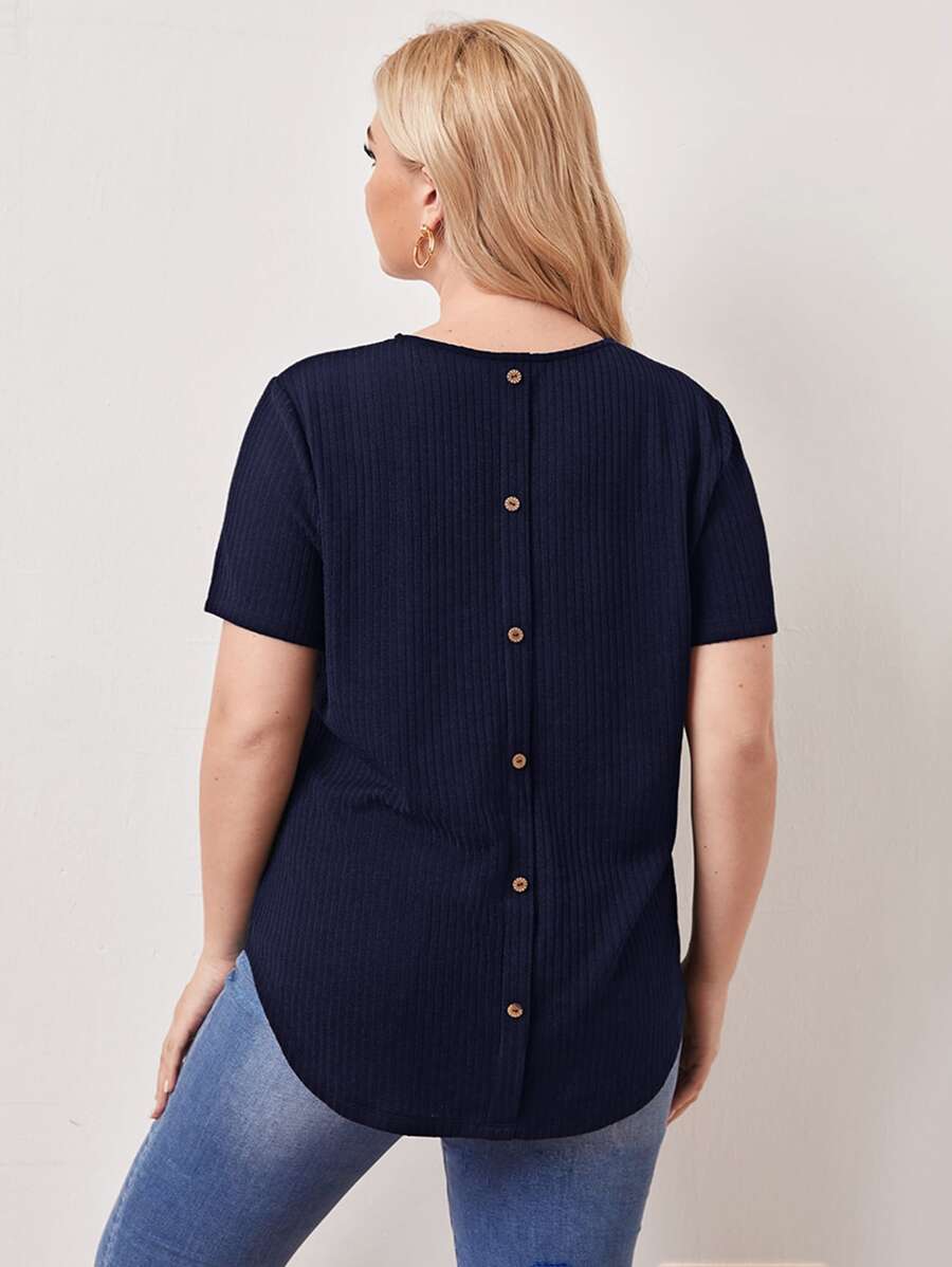 SHEIN LUNE Áo thun Plus size Nút Gân đan màu trơn Giải trí - Màu xanh hải quân - Xem 1