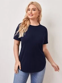 SHEIN LUNE Áo thun Plus size Nút Gân đan màu trơn Giải trí - Màu xanh hải quân - Xem 2