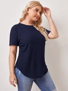 SHEIN LUNE Áo thun Plus size Nút Gân đan màu trơn Giải trí - Màu xanh hải quân - Xem 3