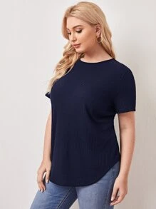 SHEIN LUNE Áo thun Plus size Nút Gân đan màu trơn Giải trí - Màu xanh hải quân - Xem 4