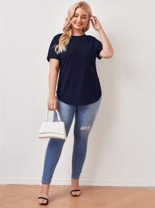 SHEIN LUNE Áo thun Plus size Nút Gân đan màu trơn Giải trí - Màu xanh hải quân - Xem 5