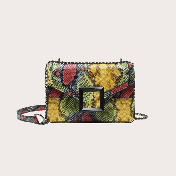 

Colorblock Snakeskin Print Flap Square Bag, Multicolor