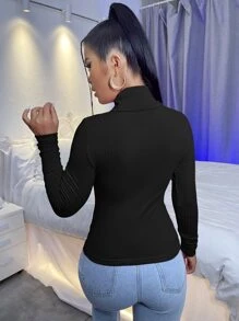 SHEIN Essnce High Neck Rib-knit Tee - Black - View 2