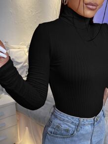 SHEIN Essnce High Neck Rib-knit Tee - Black - View 3