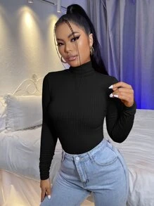 SHEIN Essnce High Neck Rib-knit Tee - Black - View 5