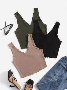 SHEIN EZwear 3pcs Lettuce Trim Rib-knit Tank Top - Multicolor - View 1