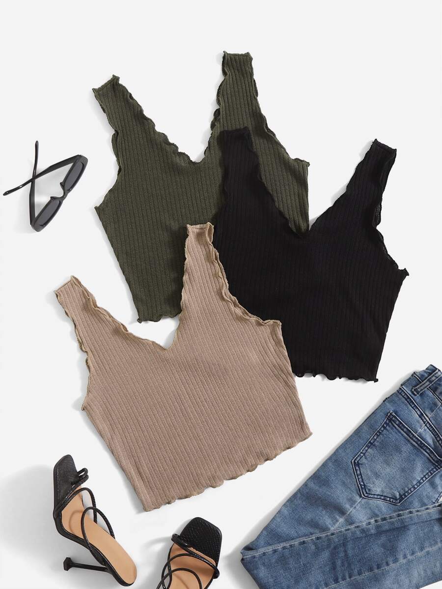 SHEIN EZwear 3pcs Lettuce Trim Rib-knit Tank Top - Multicolor - View 1