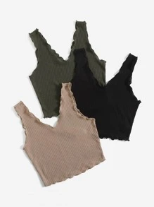 SHEIN EZwear 3pcs Lettuce Trim Rib-knit Tank Top - Multicolor - View 3