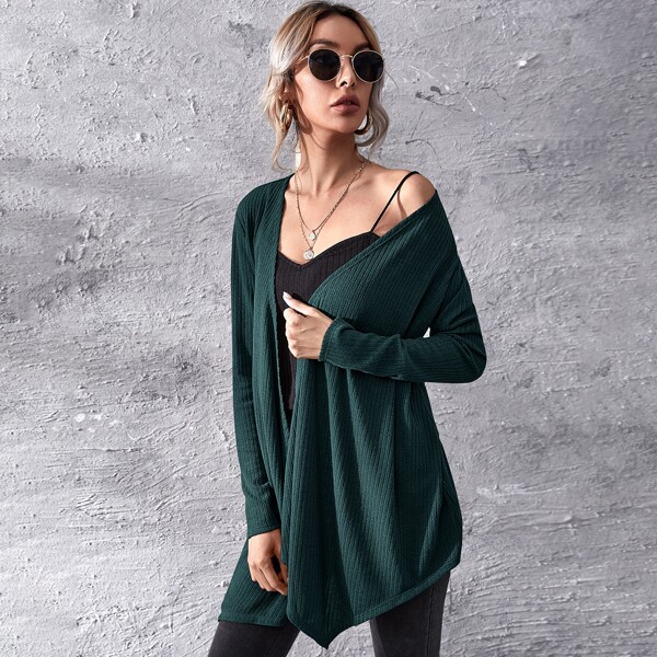 

Asymmetrical Hem Rib-knit Coat, Dark green