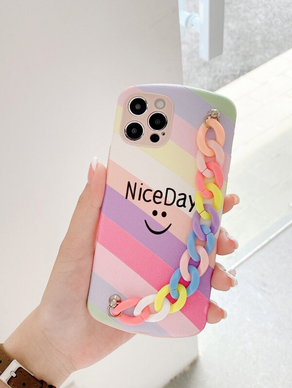 Letter Graphic Chain Hand Strap Phone Case