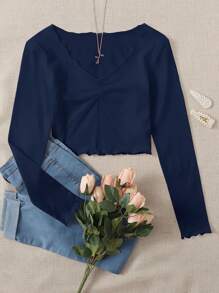 SHEIN Qutie Top unicolor de pecho fruncido de borde en forma de lechuga - Azul Marino - Ver 1