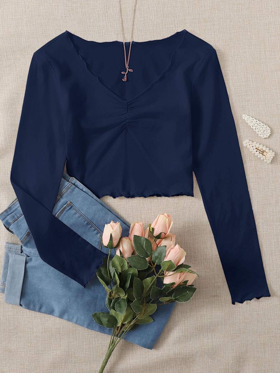 SHEIN Qutie Top unicolor de pecho fruncido de borde en forma de lechuga - Azul Marino - Ver 1