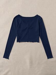 SHEIN Qutie Top unicolor de pecho fruncido de borde en forma de lechuga - Azul Marino - Ver 2