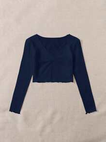 SHEIN Qutie Top unicolor de pecho fruncido de borde en forma de lechuga - Azul Marino - Ver 4