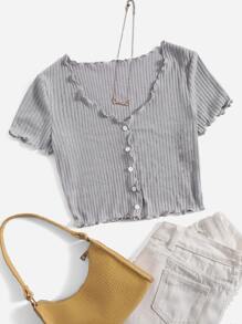 SHEIN Qutie Buttoned Front Lettuce Trim Rib-knit Tee - Light Grey - View 1