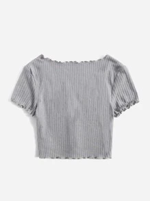 SHEIN Qutie Buttoned Front Lettuce Trim Rib-knit Tee - Light Grey - View 2