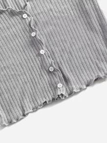 SHEIN Qutie Buttoned Front Lettuce Trim Rib-knit Tee - Light Grey - View 3