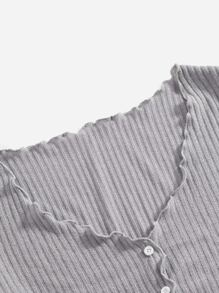 SHEIN Qutie Buttoned Front Lettuce Trim Rib-knit Tee - Light Grey - View 4