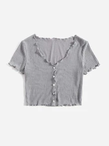 SHEIN Qutie Buttoned Front Lettuce Trim Rib-knit Tee - Light Grey - View 5