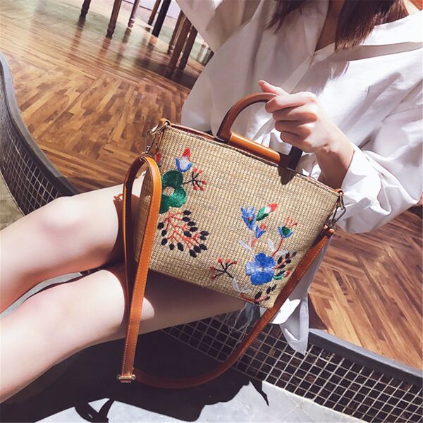 

Embroidery Design Top Handle Bag, Brown