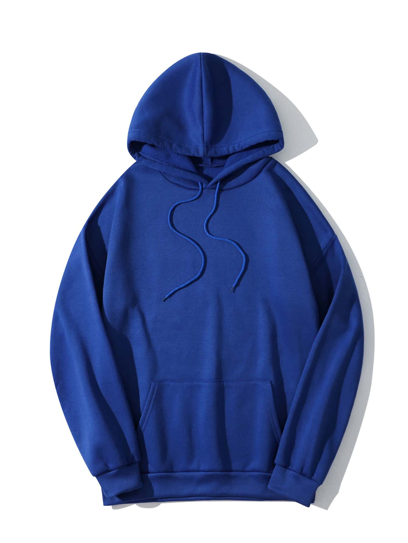 SHEIN EZwear 素色袋鼠口袋加絨內裏抽繩連帽衫 - 藍色 - 查看 1
