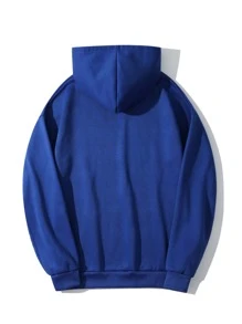 SHEIN EZwear 素色袋鼠口袋加絨內裏抽繩連帽衫 - 藍色 - 查看 2