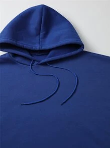 SHEIN EZwear 素色袋鼠口袋加絨內裏抽繩連帽衫 - 藍色 - 查看 3