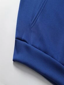 SHEIN EZwear 素色袋鼠口袋加絨內裏抽繩連帽衫 - 藍色 - 查看 6