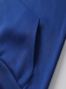 SHEIN EZwear 素色袋鼠口袋加絨內裏抽繩連帽衫 - 藍色 - 查看 7