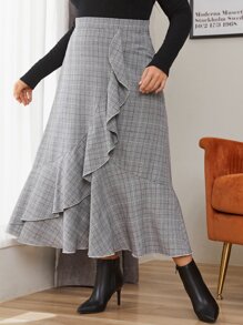 Mulvari Plus Plaid Print Draped Ruffle Hem Skirt - Multicolor - View 1