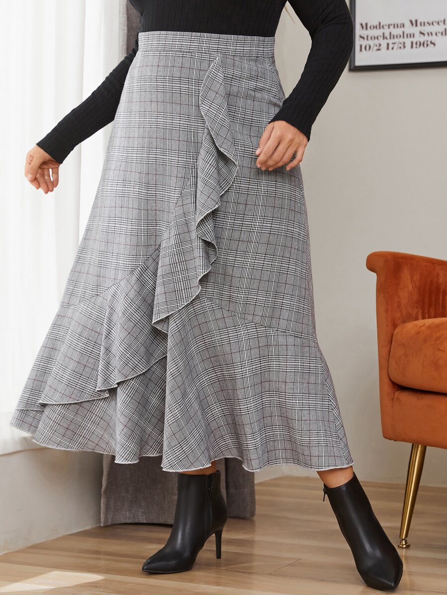 Mulvari Plus Plaid Print Draped Ruffle Hem Skirt - Multicolor - View 1