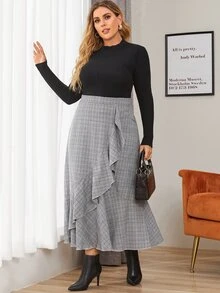 Mulvari Plus Plaid Print Draped Ruffle Hem Skirt - Multicolor - View 3