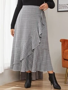 Mulvari Plus Plaid Print Draped Ruffle Hem Skirt - Multicolor - View 4