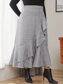 Mulvari Plus Plaid Print Draped Ruffle Hem Skirt - Multicolor - View 5