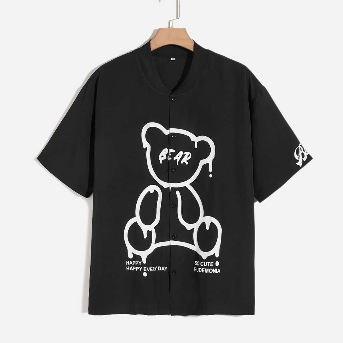 

Guys Bear And Slogan Graphic Baseball Collar Shirt, Black