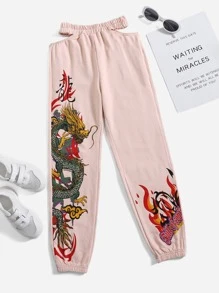SHEIN Girls Chinese Dragon Print Cutout Waist Sweatpants - Baby Pink - View 1