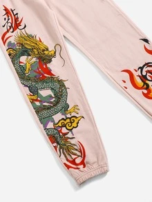 SHEIN Girls Chinese Dragon Print Cutout Waist Sweatpants - Baby Pink - View 4