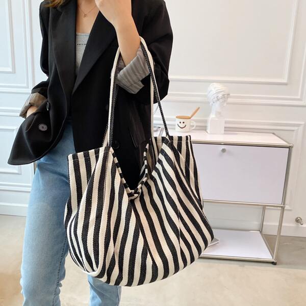 

Zebra Striped Print Large Capacity Shoulder Tote Bag, Black and white