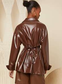 SHEIN BAE 金屬氣眼翻領腰帶PU皮革外套 - 棕色 - 查看 2