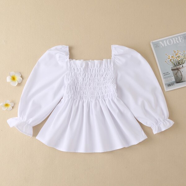 

Toddler Girls Solid Shirred Puff Sleeve Peplum Blouse, White