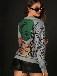 SHEIN EZwear Figure Graphic Drop Shoulder Sweatshirt - Grey - View 2