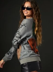 SHEIN EZwear Figure Graphic Drop Shoulder Sweatshirt - Grey - View 3