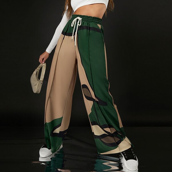 

Graphic Print Lettuce Trim Tie Waist Sweatpants, Green