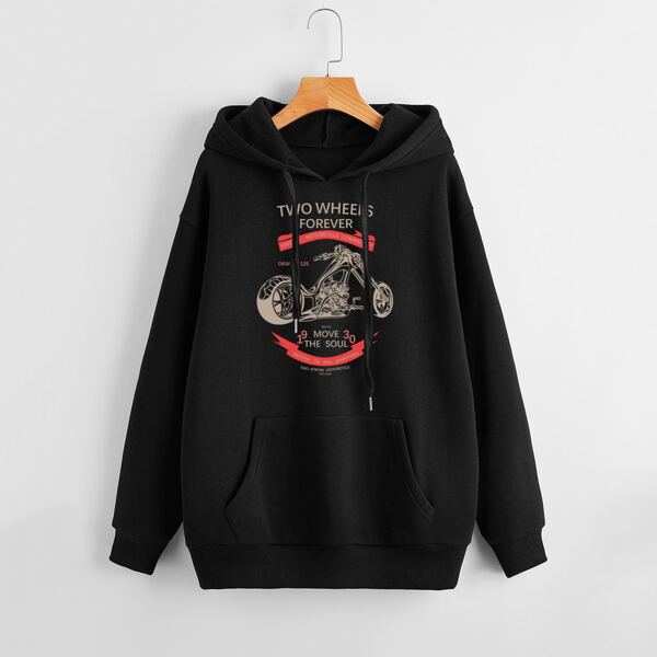 

Letter & Motorcycle Print Kangaroo Pocket Thermal Lined Hoodie, Black