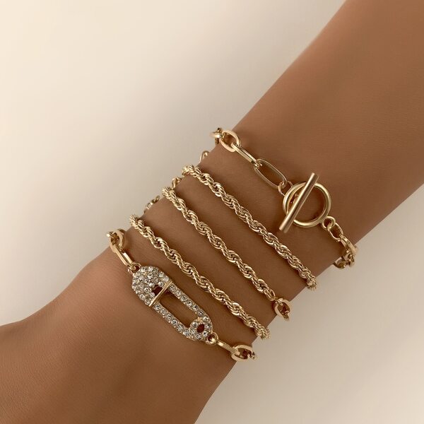

5pcs Rhinestone Decor Bracelet, Gold