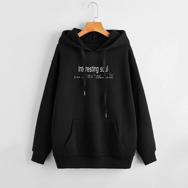 

Slogan Graphic Thermal Lined Hoodie, Black