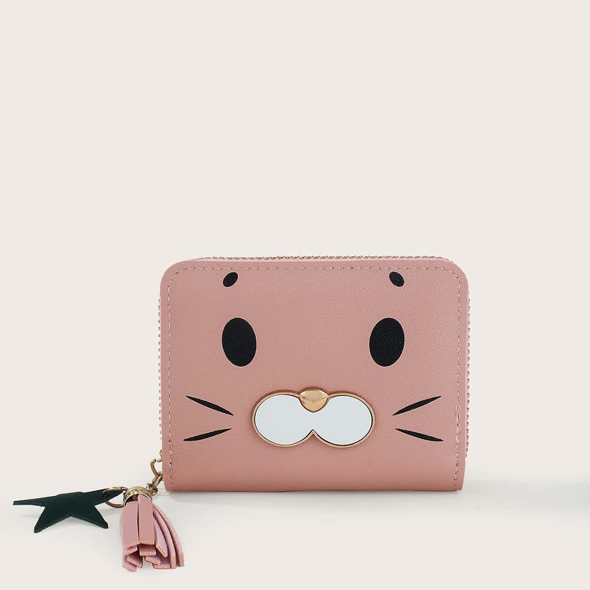 

Cartoon Graphic Zip Around Purse, Pink
